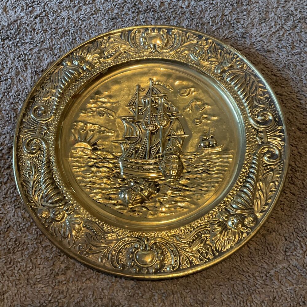 Vintage 14.25" Brass Charger Collector Plate Made in England Nautical Themed